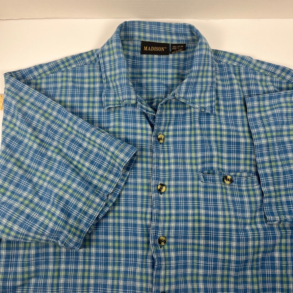 VTG 90s Madison Plaid Button Down Shirt XL Blue Green Single Stitch Cotton